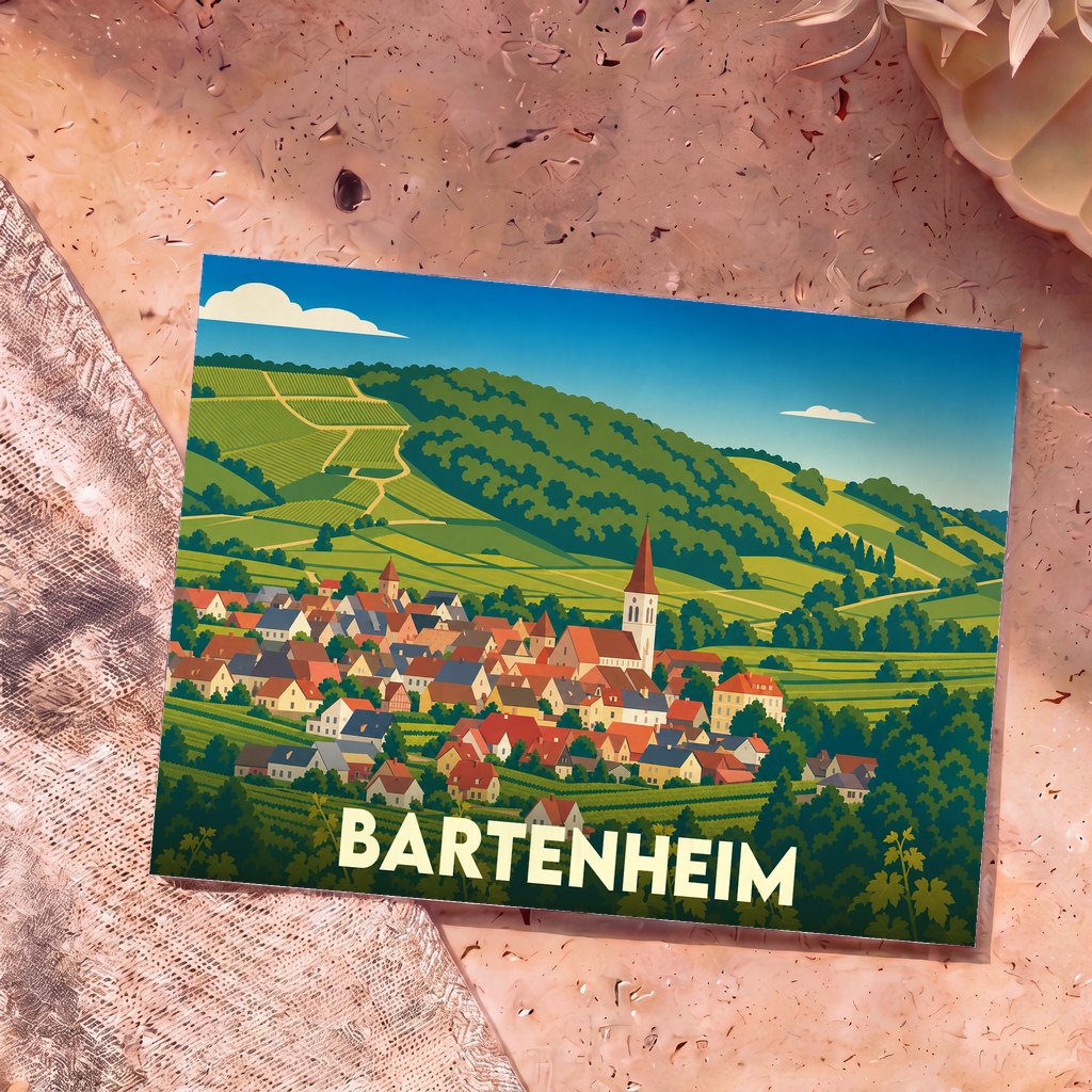 Carte postale souvenir de la ville de Bartenheim avec une illustration stylisée d'un village alsacien niché dans les collines.