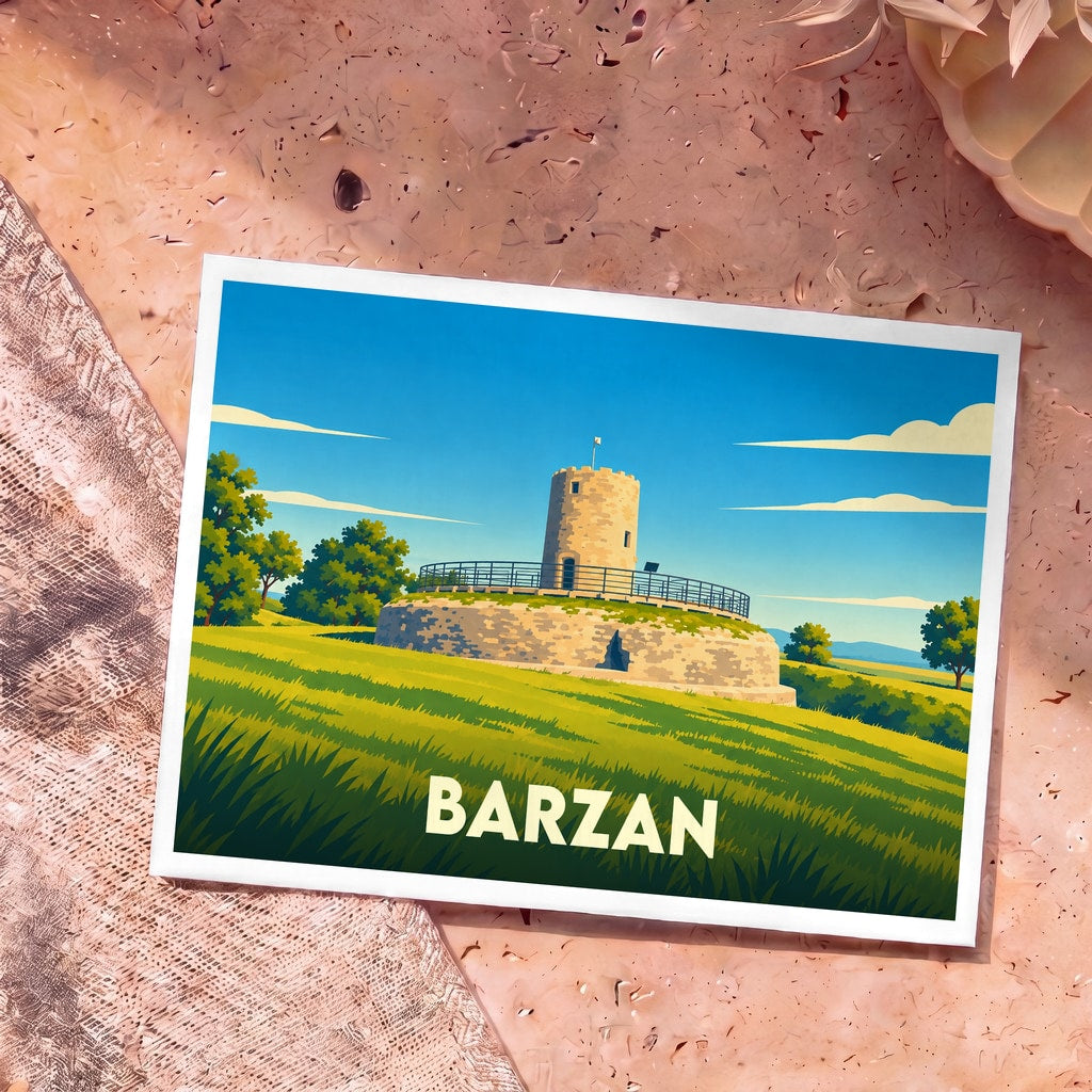 Carte postale souvenir de la ville de Barzan avec une illustration stylisée d'une tour en pierre sur une colline verdoyante.