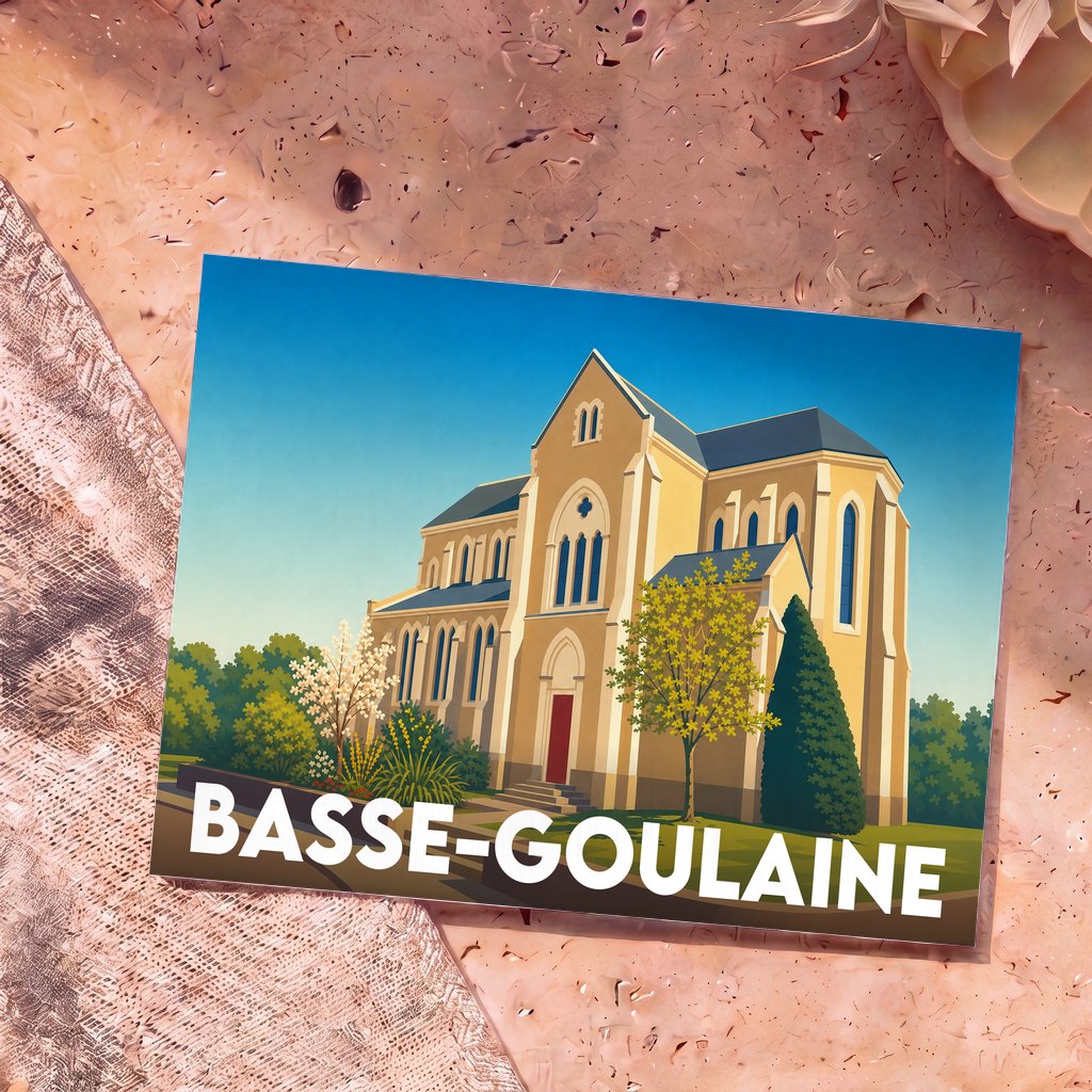 Carte postale souvenir de la ville de Basse-Goulaine avec une illustration stylisée de son église.