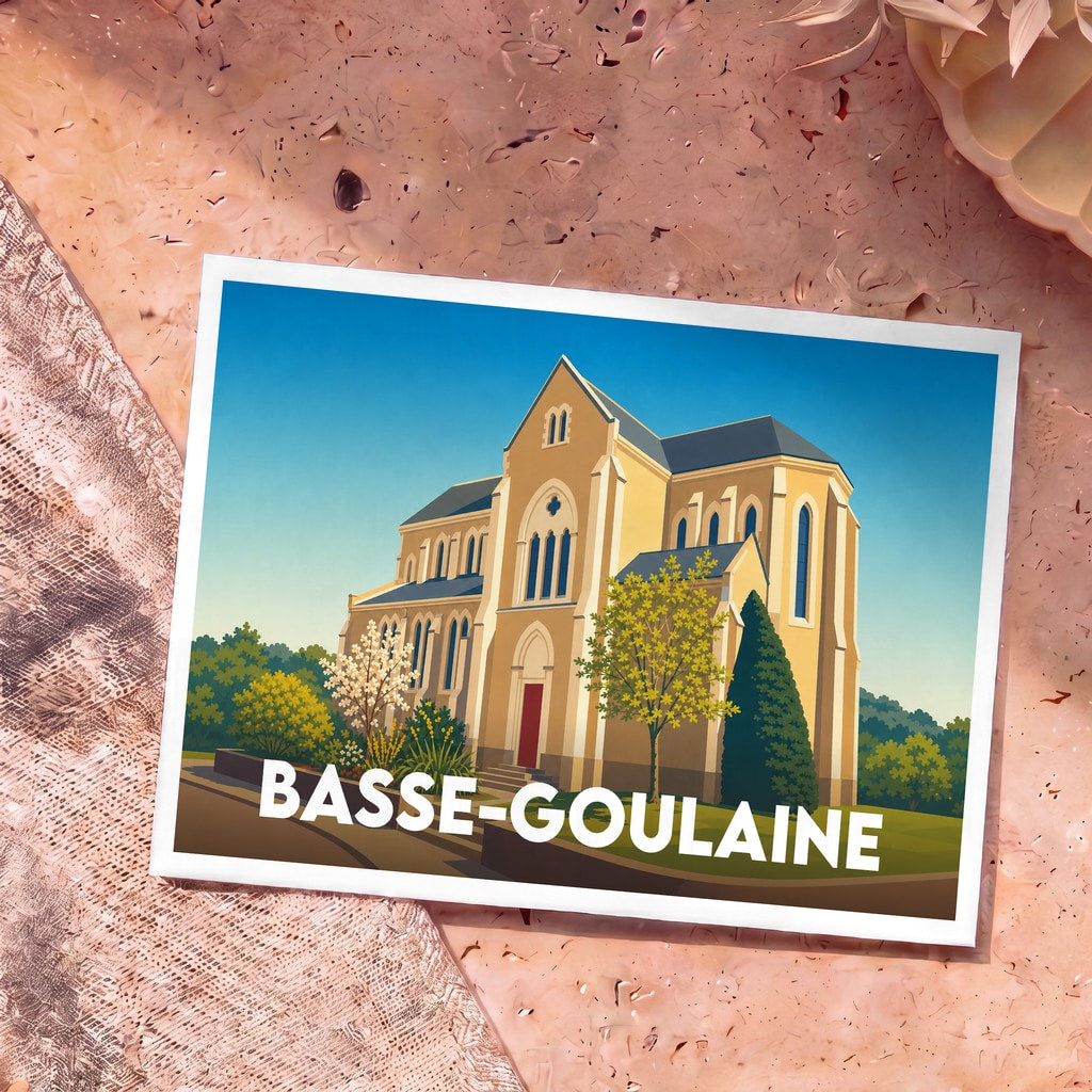 Carte postale souvenir de la ville de Basse-Goulaine avec une illustration stylisée de son église.