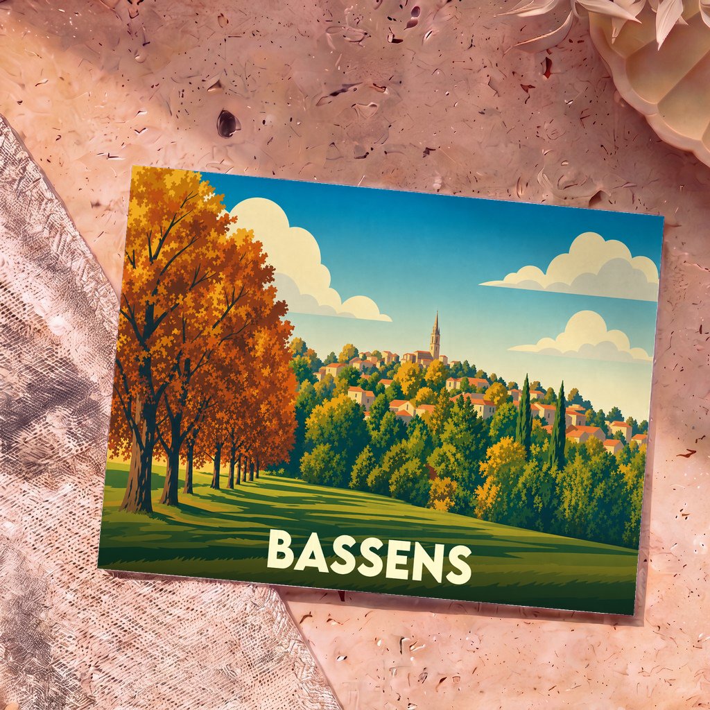 Carte postale souvenir de la ville de Bassens avec une illustration stylisée d'un paysage automnal.