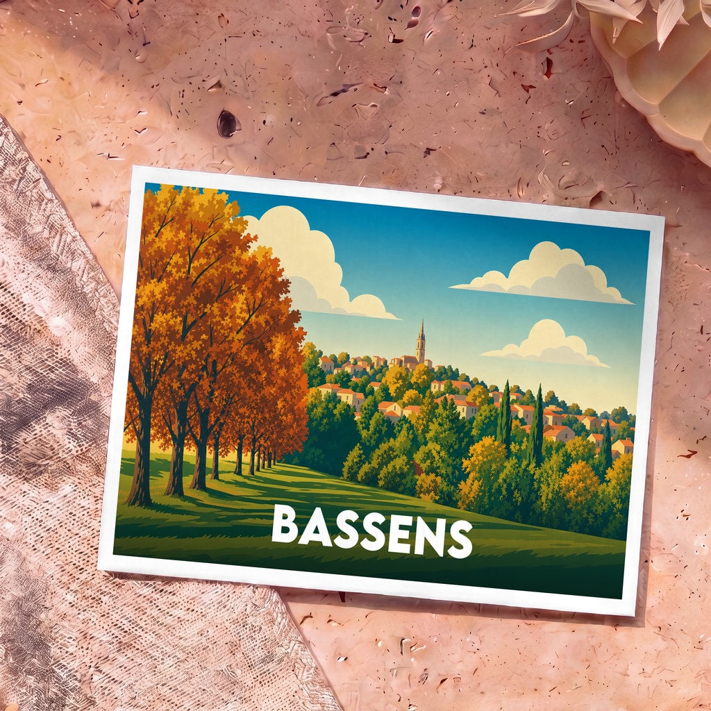 Carte postale souvenir de la ville de Bassens avec une illustration stylisée d'un paysage automnal.