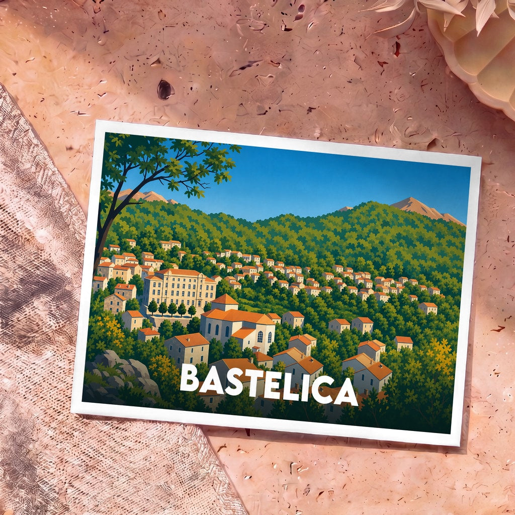 Carte postale souvenir de la ville de Bastelica avec une illustration stylisée de ses maisons nichées au cœur des montagnes corses.