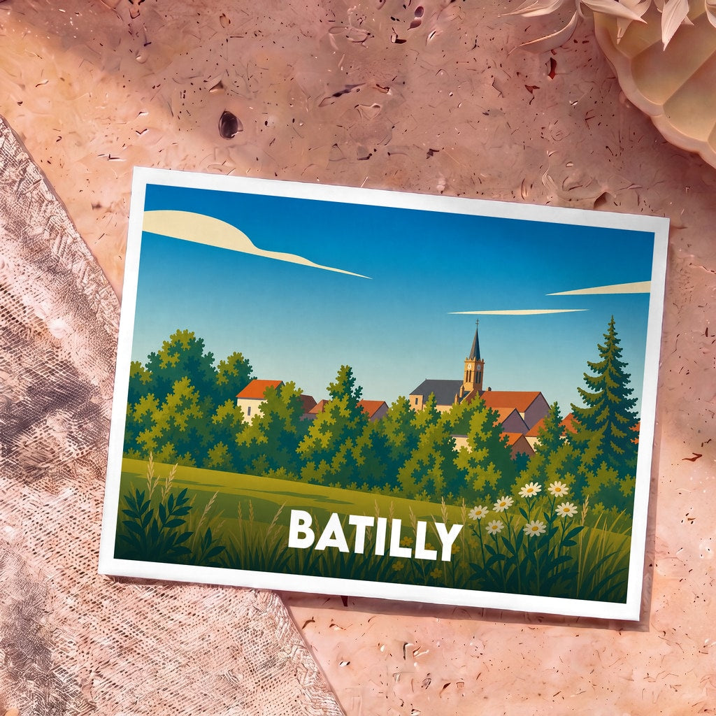 Carte postale souvenir de la ville de Batilly avec une illustration stylisée d'un village champêtre.