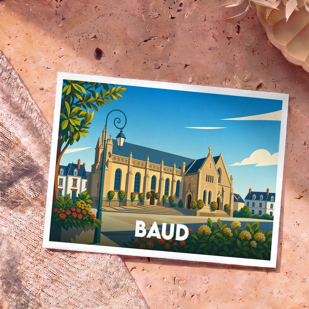 Carte postale souvenir de la ville de Baud avec une illustration stylisée de son église sous un ciel bleu.
