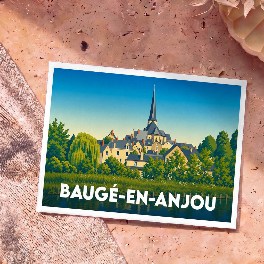 Carte postale souvenir de la ville de Baugé-en-Anjou avec une illustration stylisée de son église et de ses paysages.