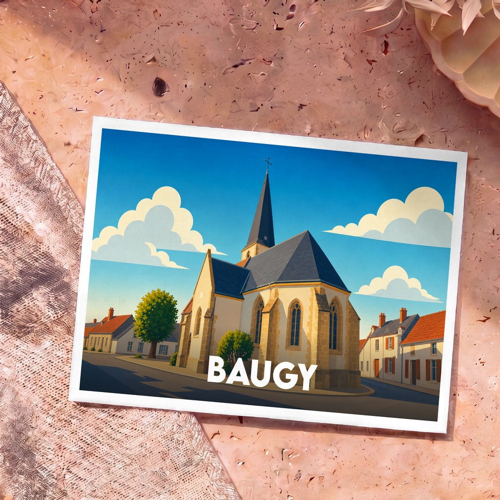 Carte postale souvenir de la ville de Baugy avec une illustration stylisée de son église sous un ciel bleu.