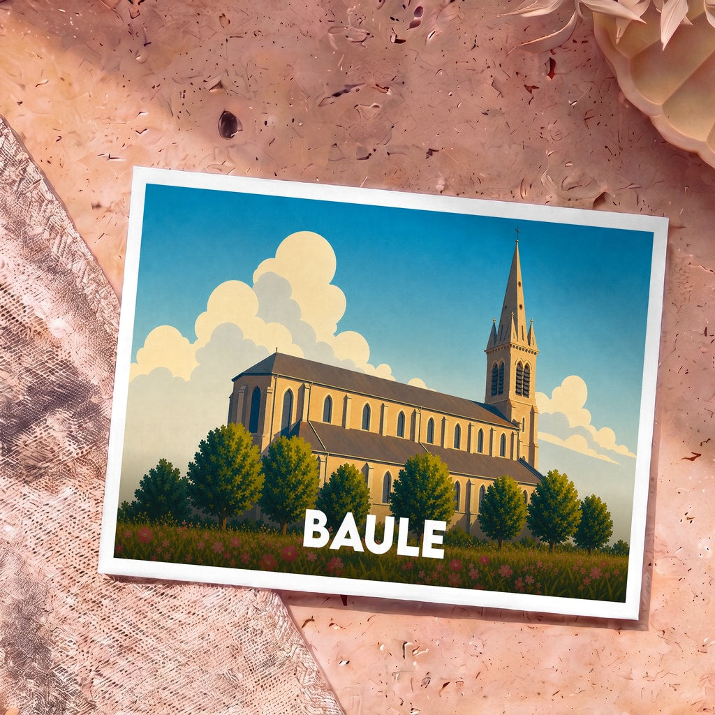 Carte postale souvenir de la ville de Baule avec une illustration stylisée d'une église sous un ciel nuageux.