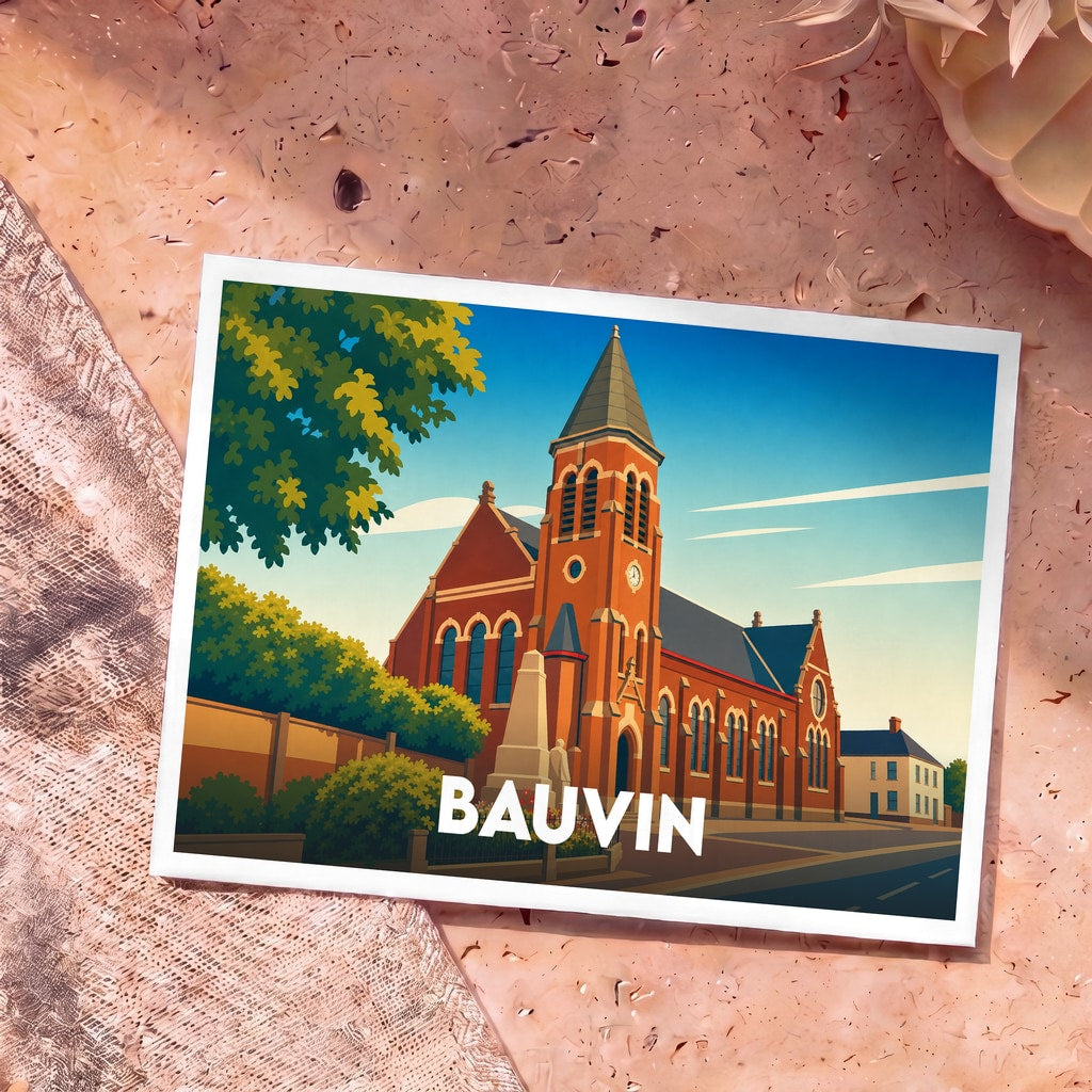 Carte postale souvenir de la ville de Bauvin avec une illustration stylisée de son église en briques rouges.