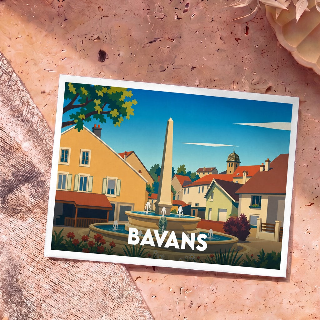 Carte postale souvenir de la ville de Bavans illustrant une place avec sa fontaine centrale.