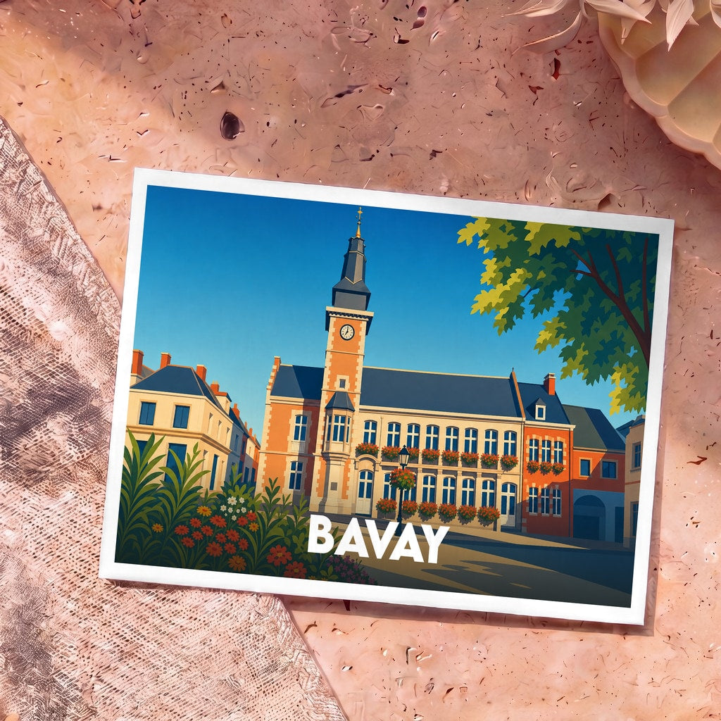 Carte postale souvenir de la ville de Bavay avec une illustration stylisée de son hôtel de ville fleuri.