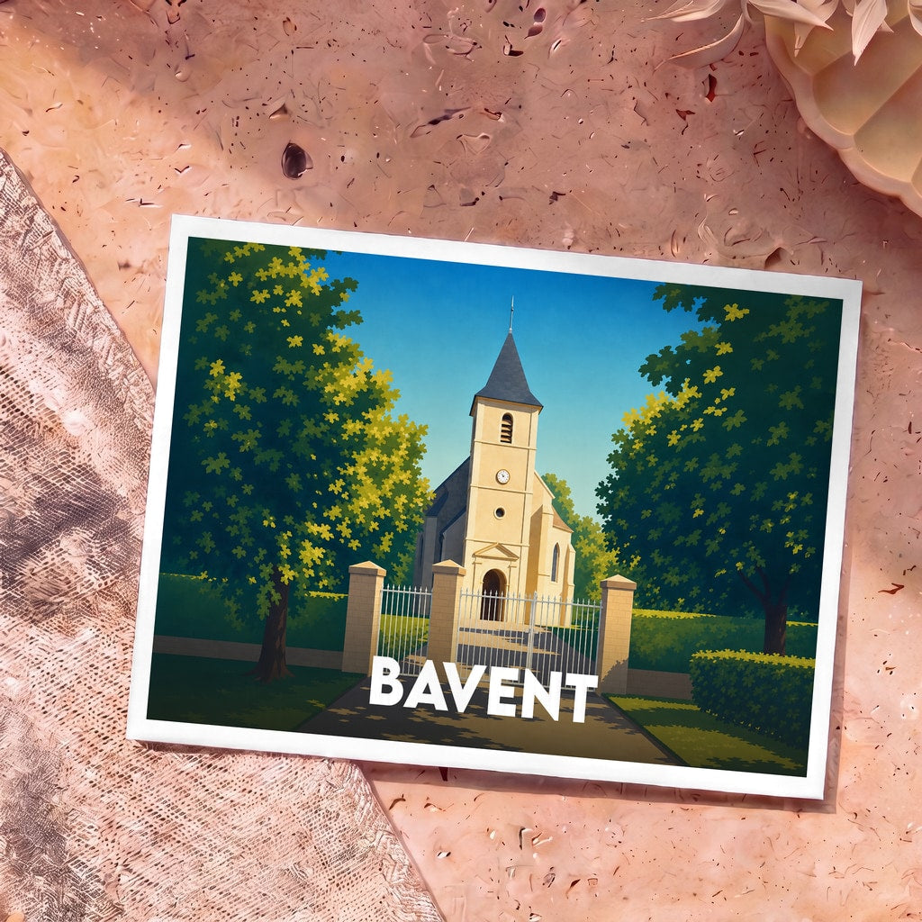 Carte postale souvenir de la ville de Bavent illustrant son église entourée de verdure dans un style graphique épuré.