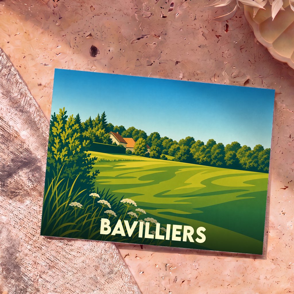 Carte postale souvenir de la ville de Bavilliers avec une illustration stylisée d'un paysage champêtre.