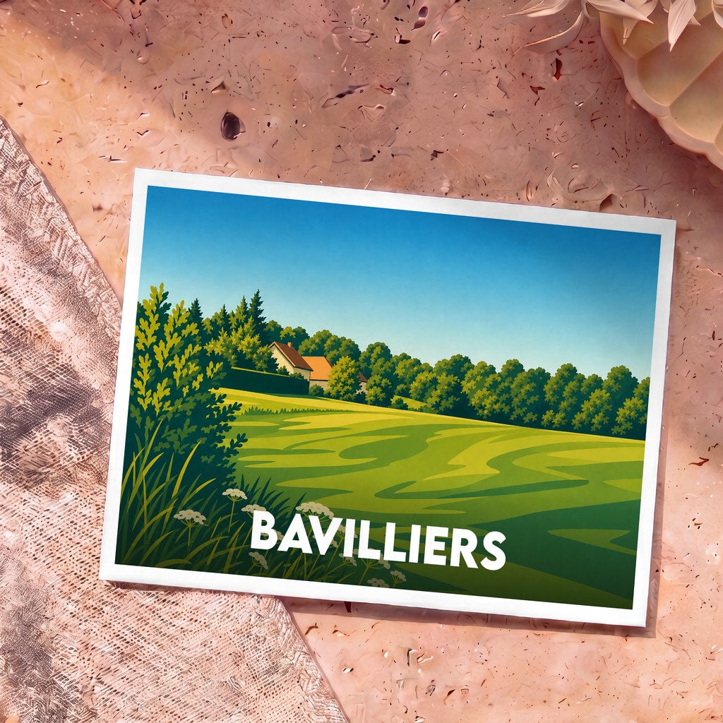 Carte postale souvenir de la ville de Bavilliers avec une illustration stylisée d'un paysage champêtre.