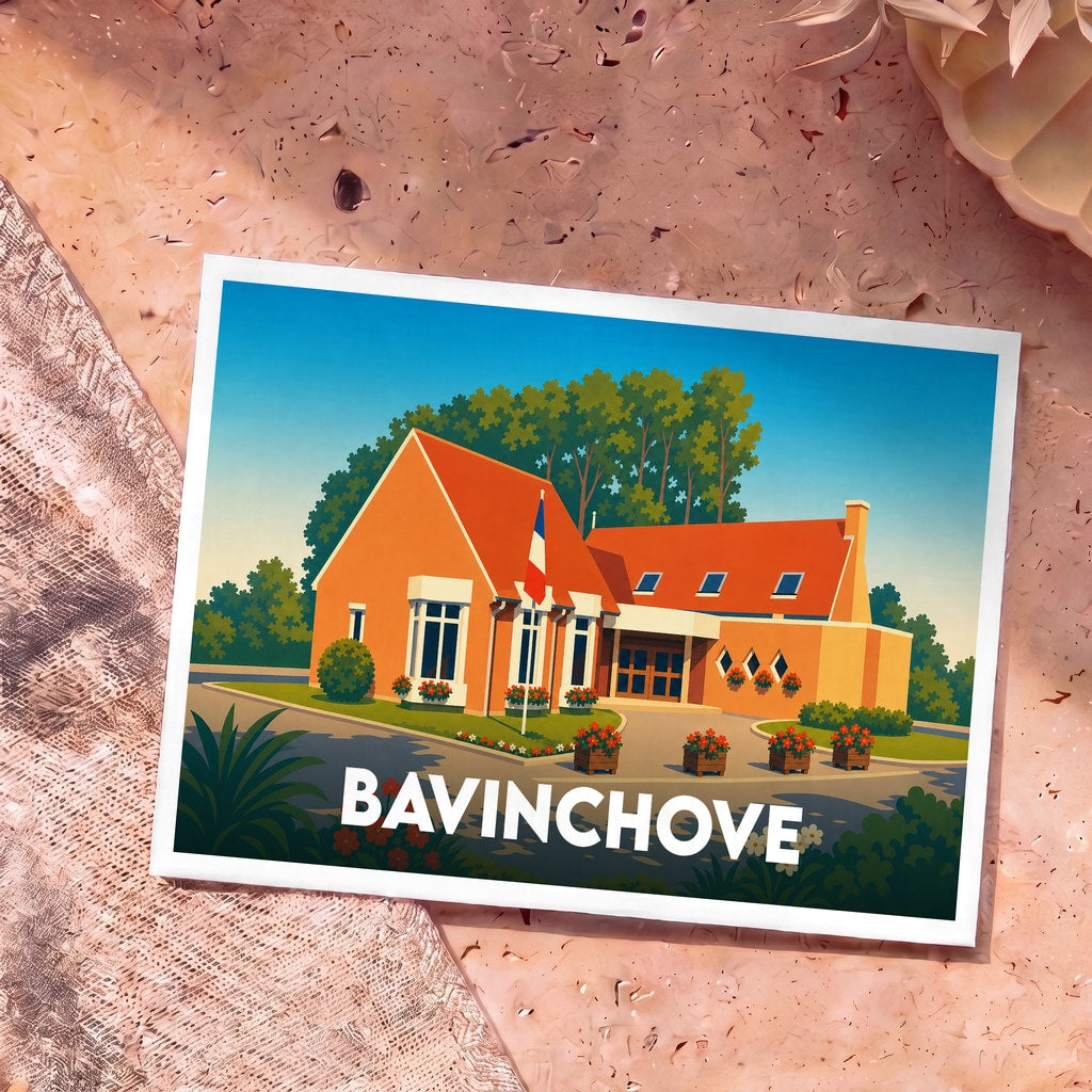 Carte postale souvenir de la ville de Bavinchove avec une illustration stylisée de sa mairie.
