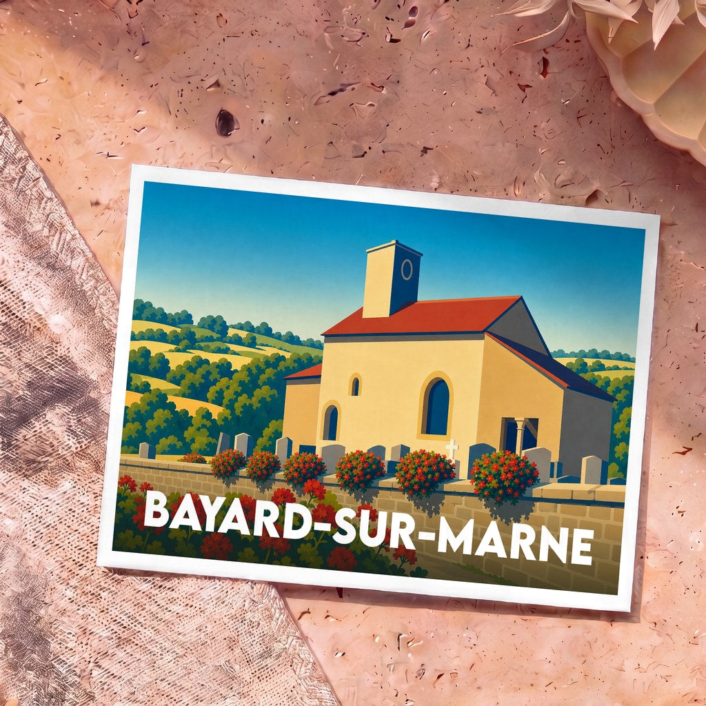 Carte postale souvenir de la ville de Bayard-sur-Marne avec une illustration stylisée de son église et de son paysage.