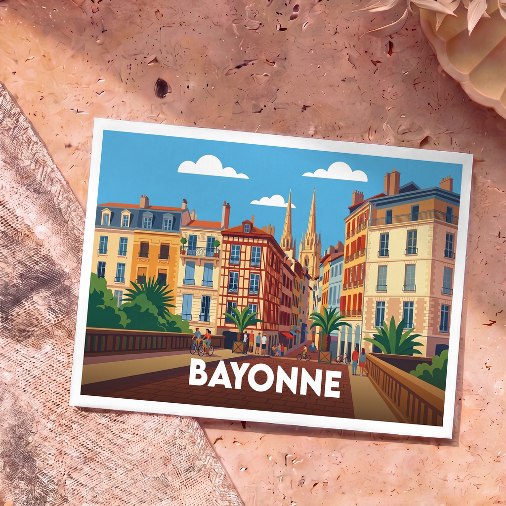 Carte postale souvenir de la ville de Bayonne avec une illustration stylisée et colorée.
