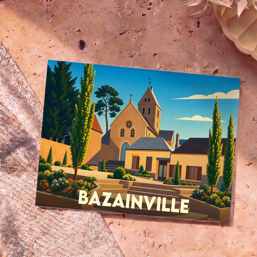 Carte postale souvenir de la ville de Bazainville avec une illustration stylisée de son église et de ses maisons.