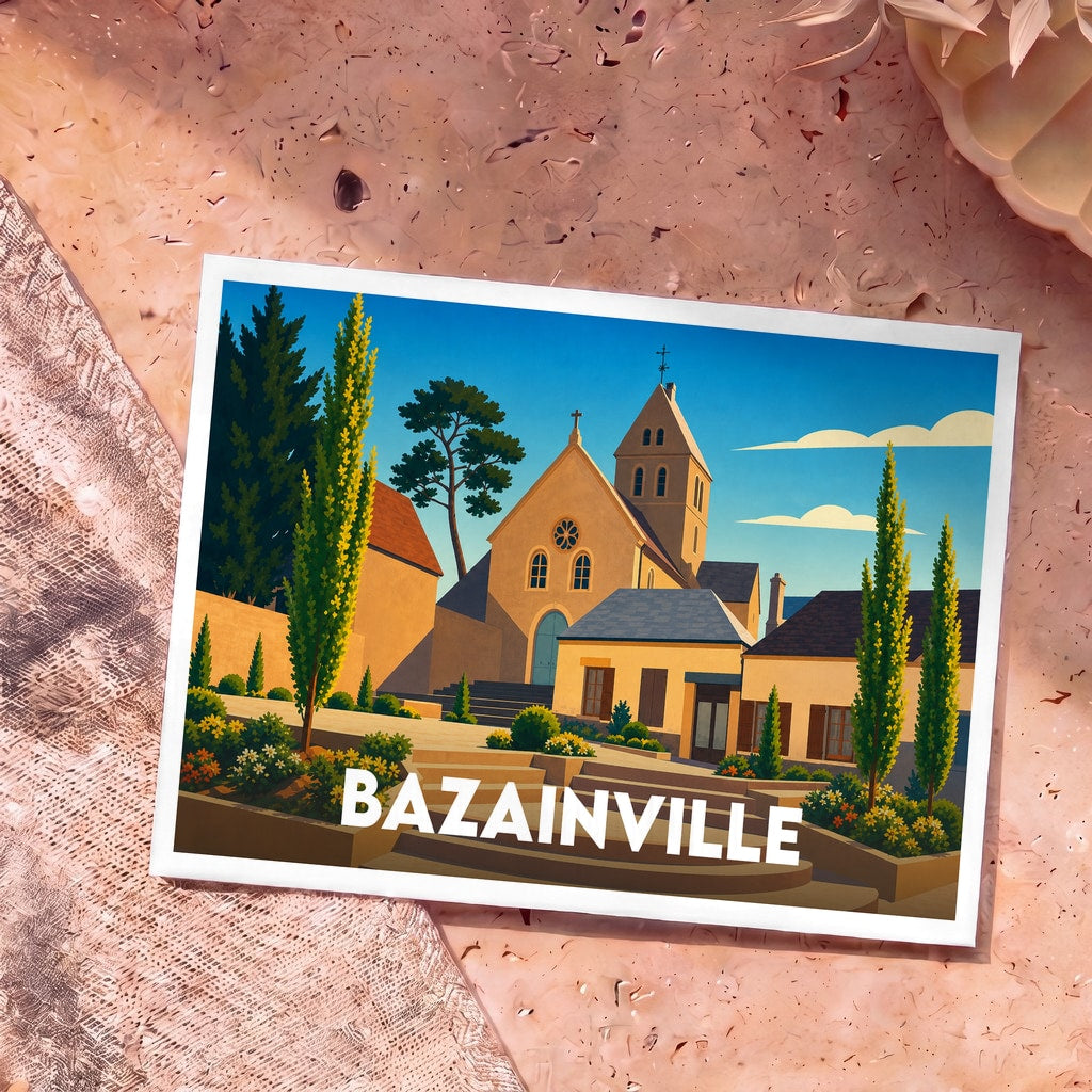 Carte postale souvenir de la ville de Bazainville avec une illustration stylisée de son église et de ses maisons.