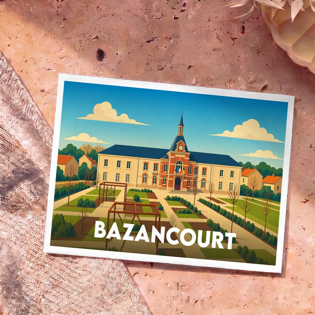 Carte postale souvenir de la ville de Bazancourt illustrant son hôtel de ville dans un style graphique épuré.