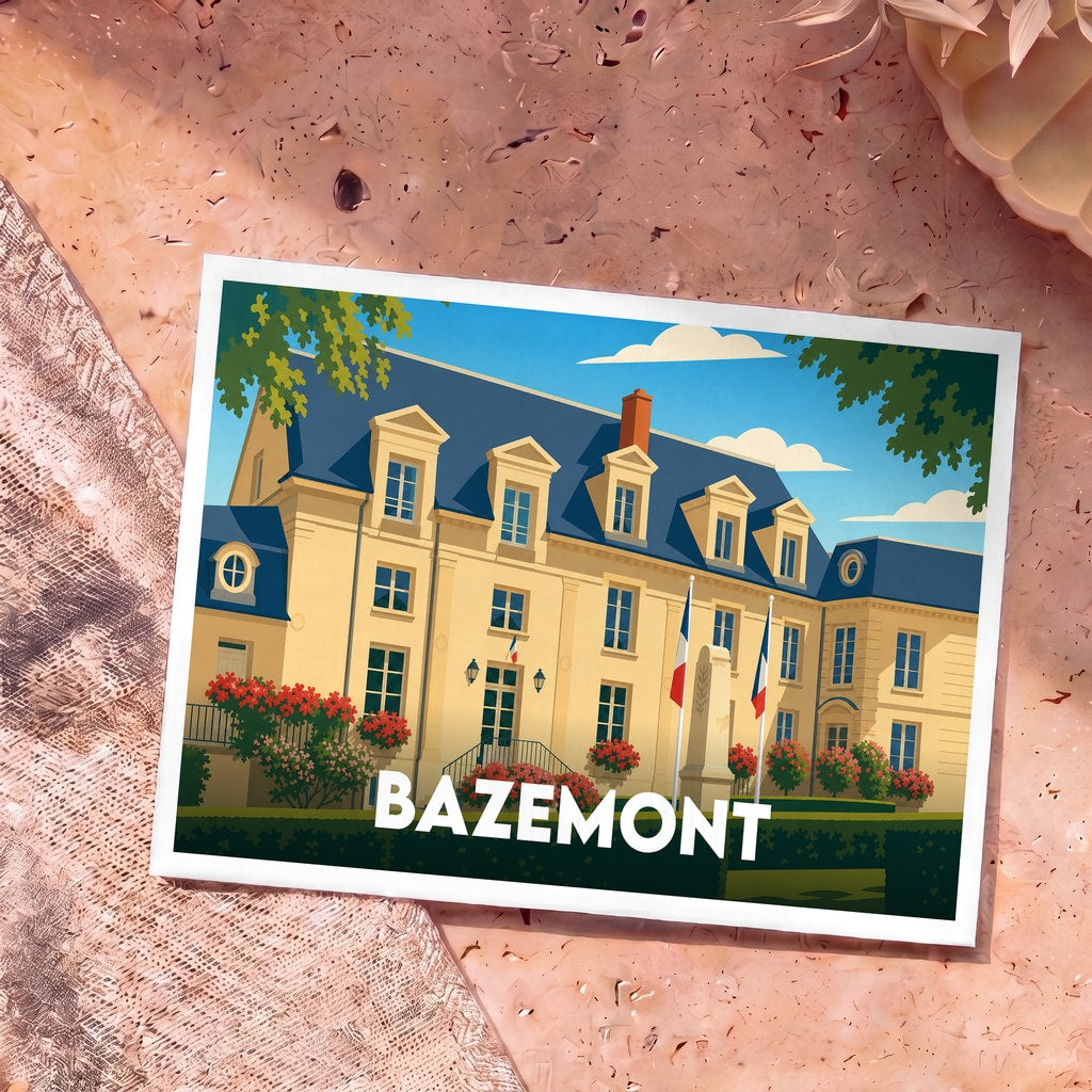 Carte postale souvenir de la ville de Bazemont avec une illustration stylisée d'une grande demeure et de drapeaux français.