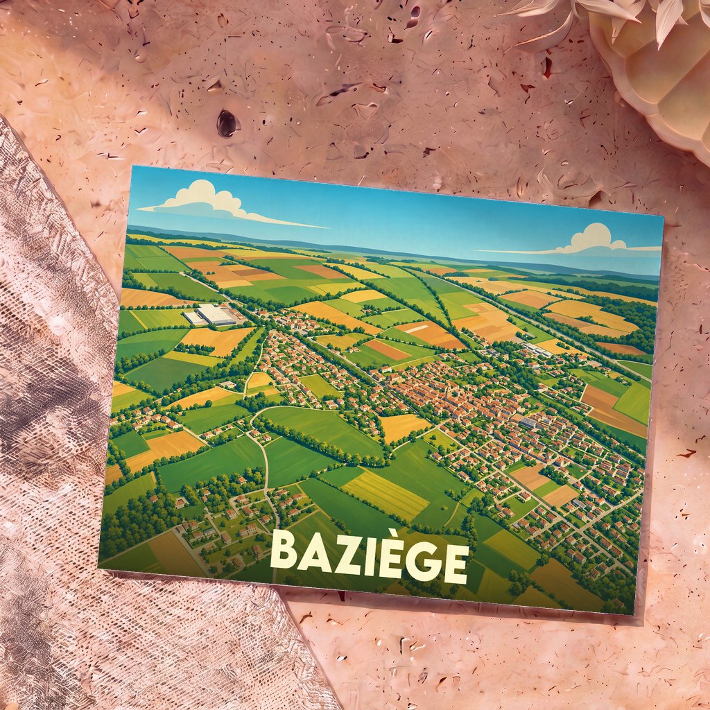 Carte postale souvenir de la ville de Baziège avec une illustration aérienne stylisée du village et de sa campagne environnante.