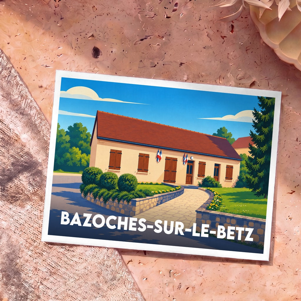 Carte postale souvenir de la ville de Bazoches-sur-le-Betz illustrée d'un dessin stylisé de sa mairie sous un ciel bleu.