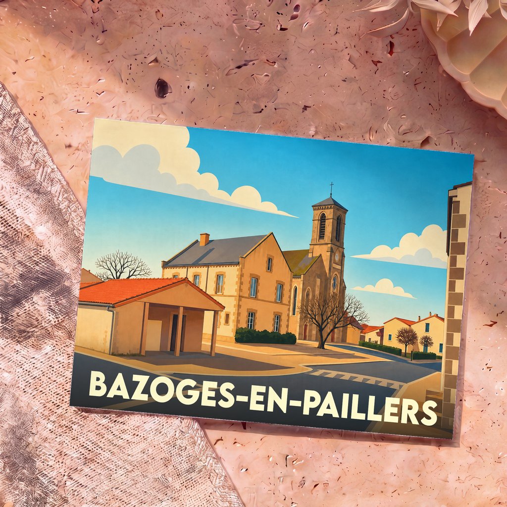 Carte postale souvenir de la ville de Bazoges-en-Paillers avec une illustration stylisée de son église et de ses bâtiments.