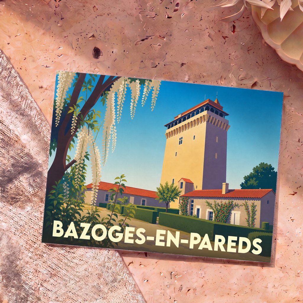 Carte postale souvenir de la ville de Bazoges-en-Pareds avec une illustration stylisée du donjon médiéval.