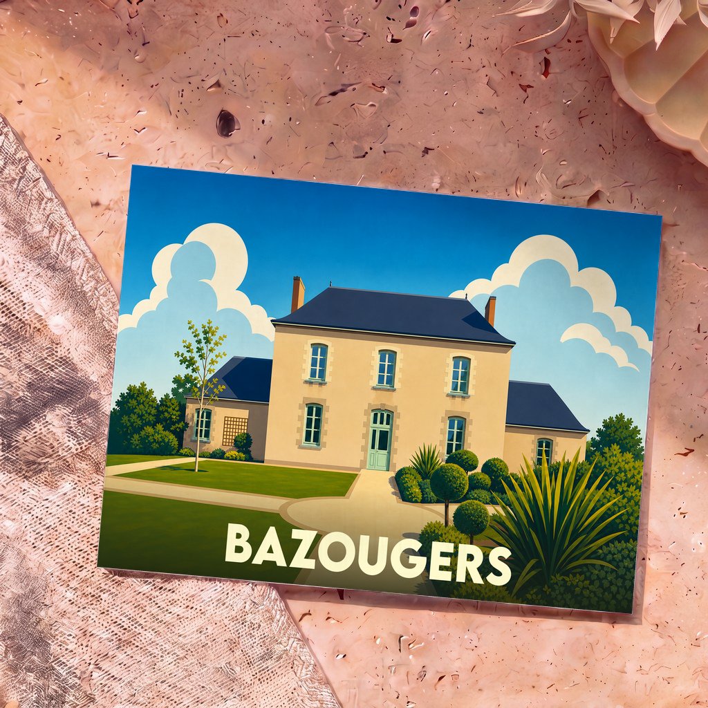 Carte postale souvenir de la ville de Bazougers illustrant une grande demeure de style classique sous un ciel azur.
