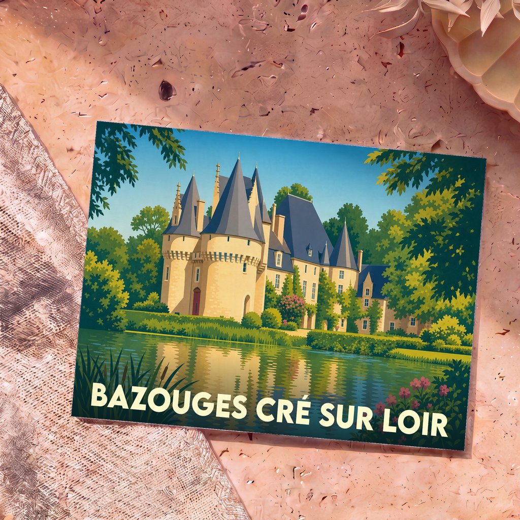 Carte postale souvenir de Bazouges Cré sur Loir illustrant son château au bord de l'eau.