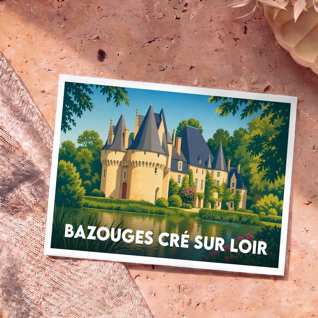 Carte postale souvenir de Bazouges Cré sur Loir illustrant son château au bord de l'eau.