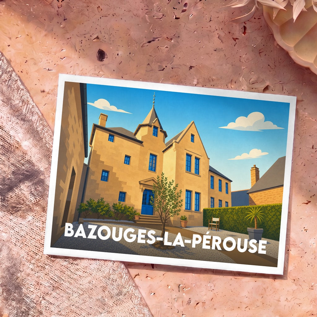Carte postale souvenir de la ville de Bazouges-la-Pérouse avec une illustration stylisée d'un manoir en pierre.