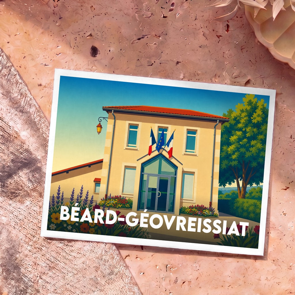 Carte postale souvenir de la commune de Béard-Géovreissiat avec une illustration stylisée de la mairie.