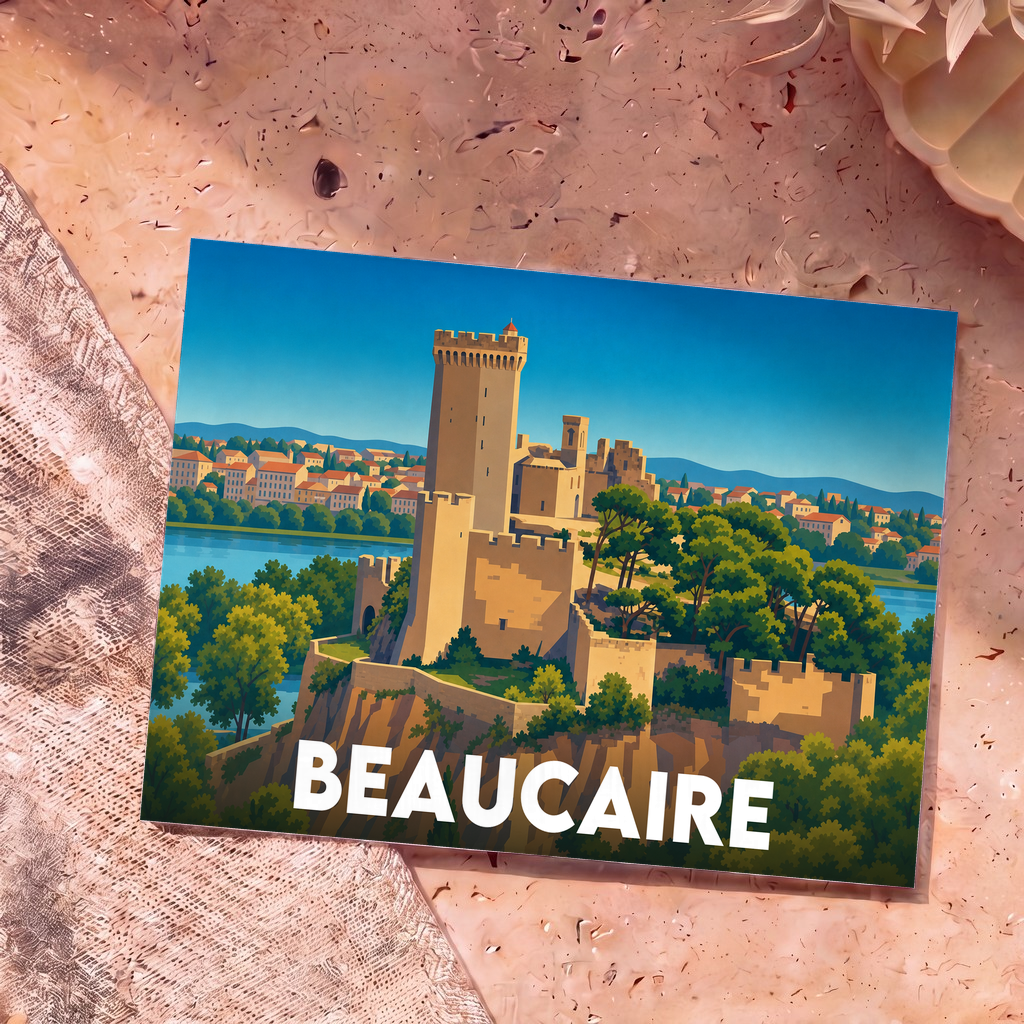 Carte postale souvenir de la ville de Beaucaire avec une illustration stylisée de son château médiéval surplombant le Rhône.