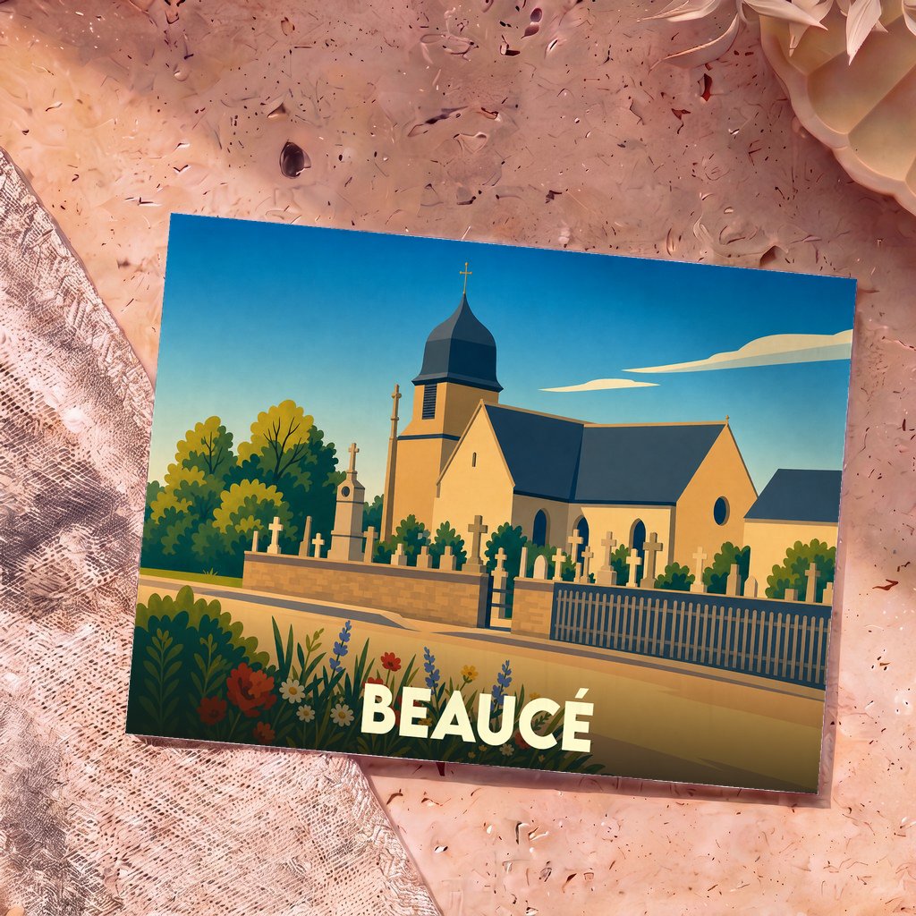 Carte postale souvenir de la ville de Beaucé avec une illustration stylisée de son église et de son cimetière.