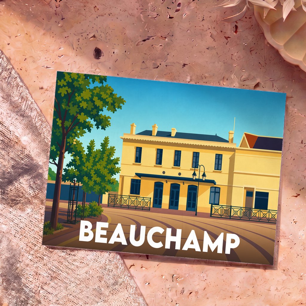 Carte postale souvenir de la ville de Beauchamp avec une illustration stylisée de sa gare.