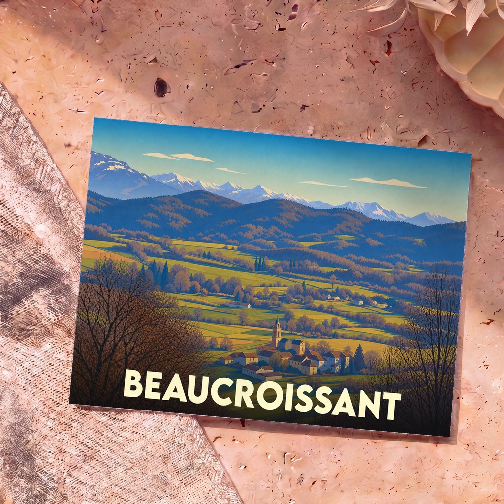 Carte postale souvenir de la ville de Beaucroissant illustrant un paysage de vallée et de montagnes enneigées.