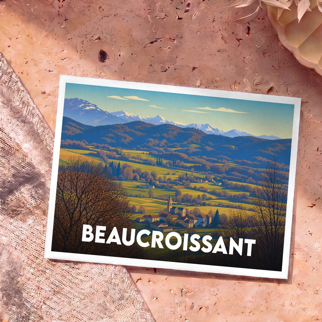 Carte postale souvenir de la ville de Beaucroissant illustrant un paysage de vallée et de montagnes enneigées.