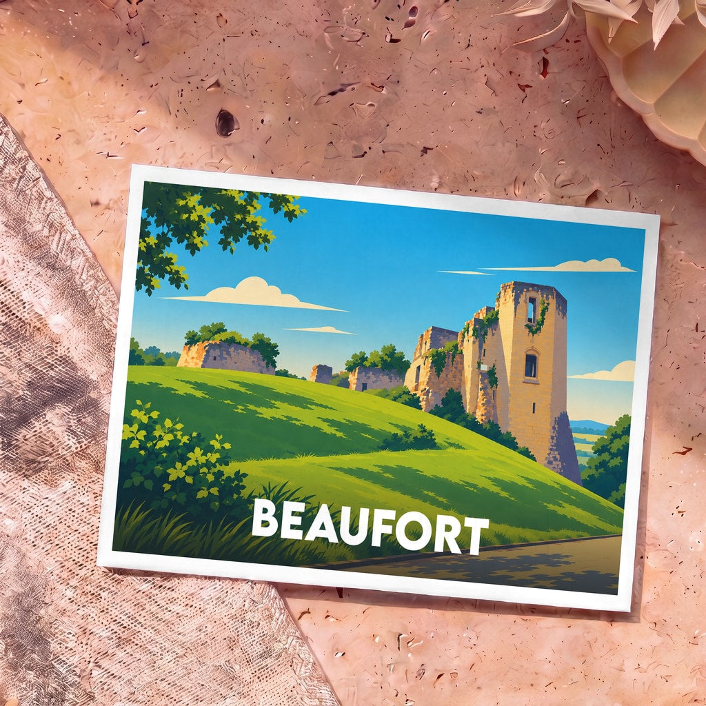 Carte postale souvenir de la ville de Beaufort avec une illustration stylisée des ruines de son château médiéval.