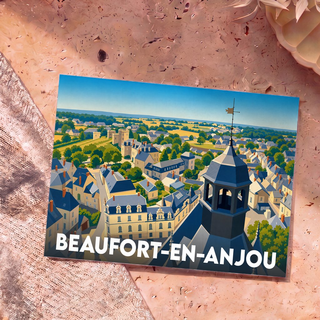 Carte postale souvenir de la ville de Beaufort-en-Anjou avec une illustration stylisée vue du ciel.