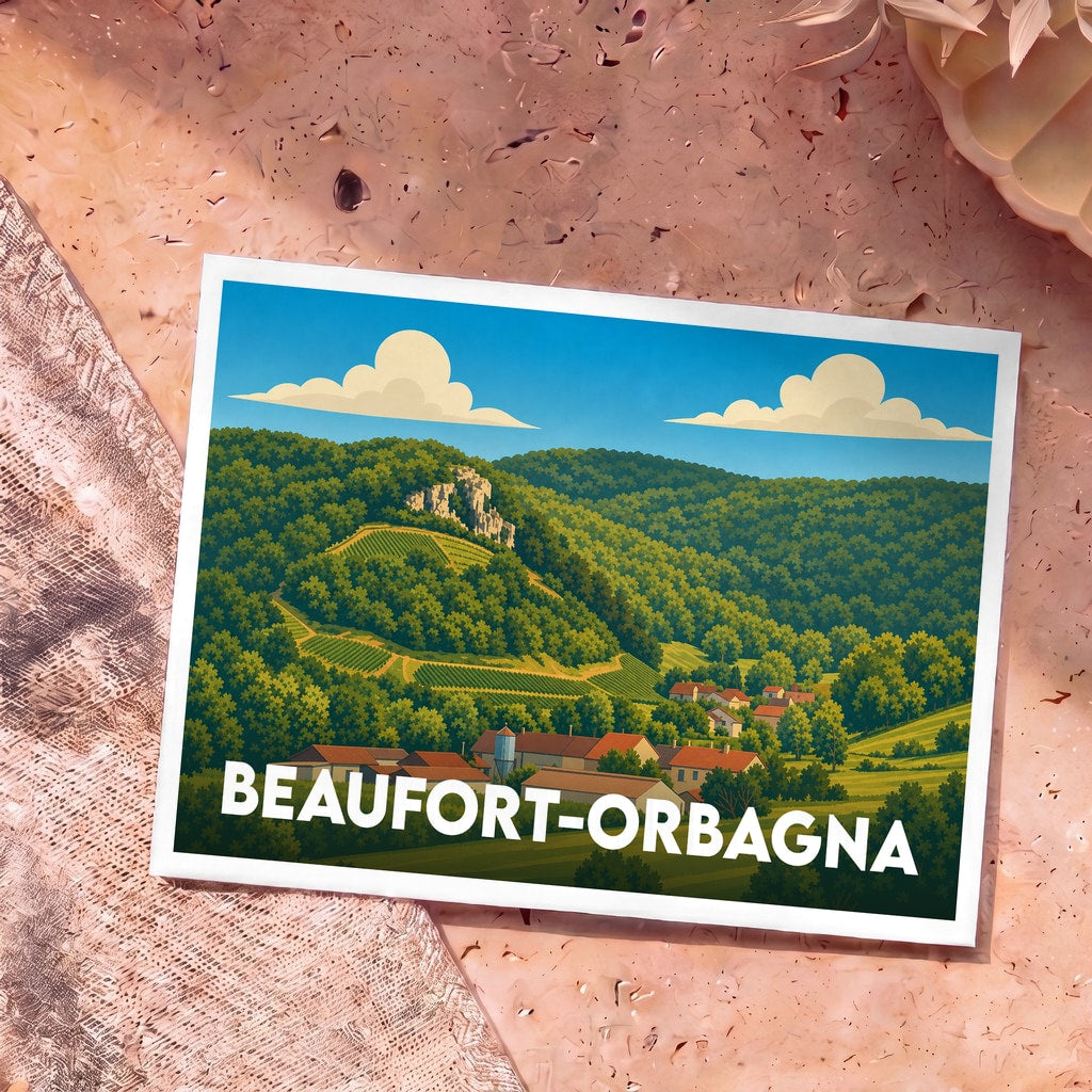 Carte postale souvenir de la ville de Beaufort-Orbagna illustrée d'un paysage de collines verdoyantes et de vignobles.