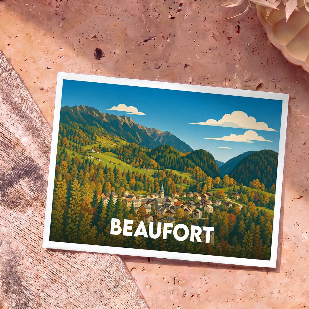 Carte postale souvenir de la ville de Beaufort avec une illustration stylisée d'un village de montagne en automne.