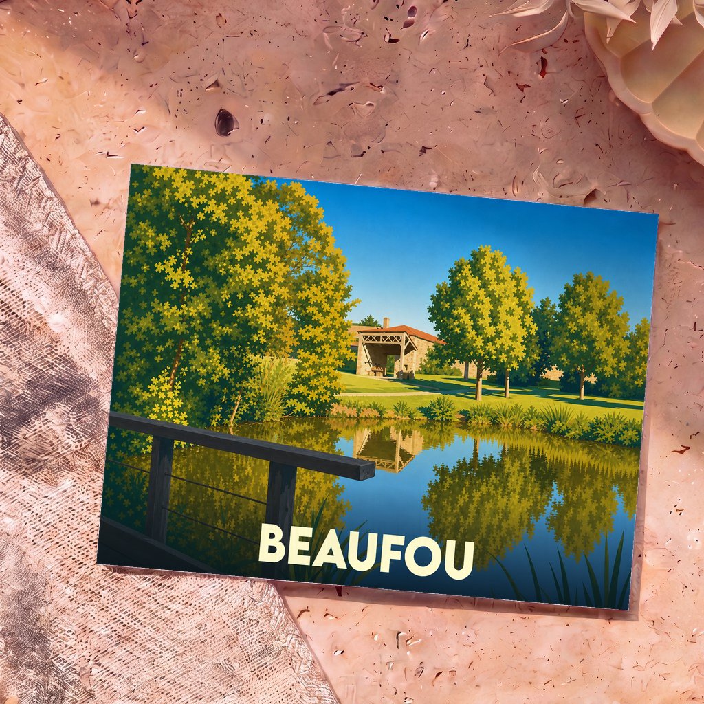Carte postale souvenir de la ville de Beaufou avec une illustration stylisée d'un étang et de sa végétation.