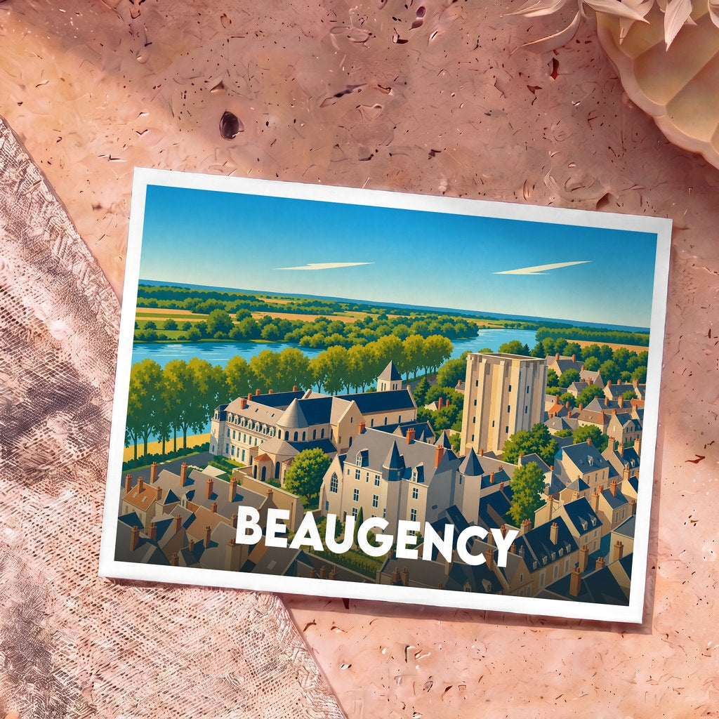 Carte postale souvenir de la ville de Beaugency illustrant son architecture historique au bord de la Loire.