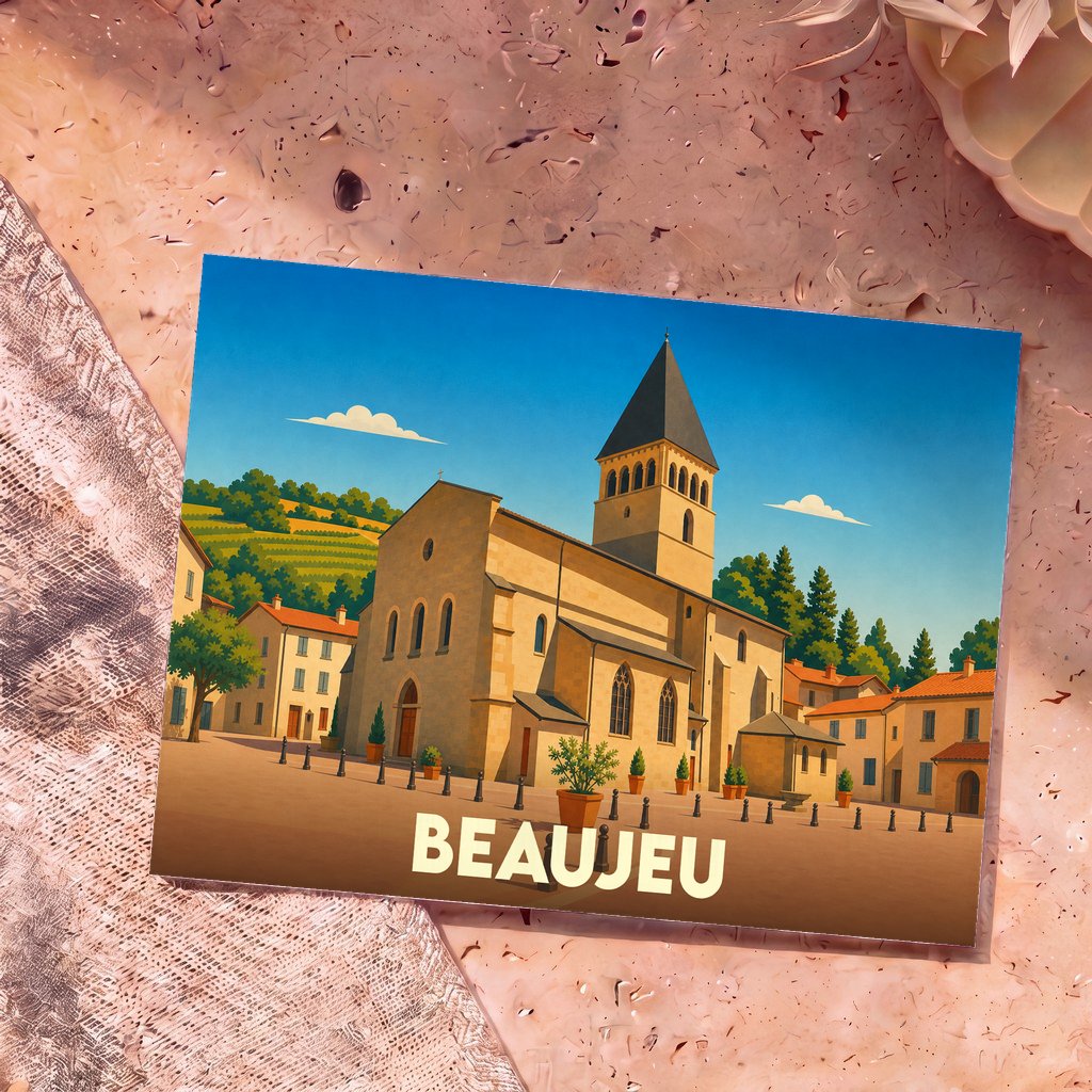 Carte postale souvenir de la ville de Beaujeu avec une illustration stylisée de son église et de ses vignobles.
