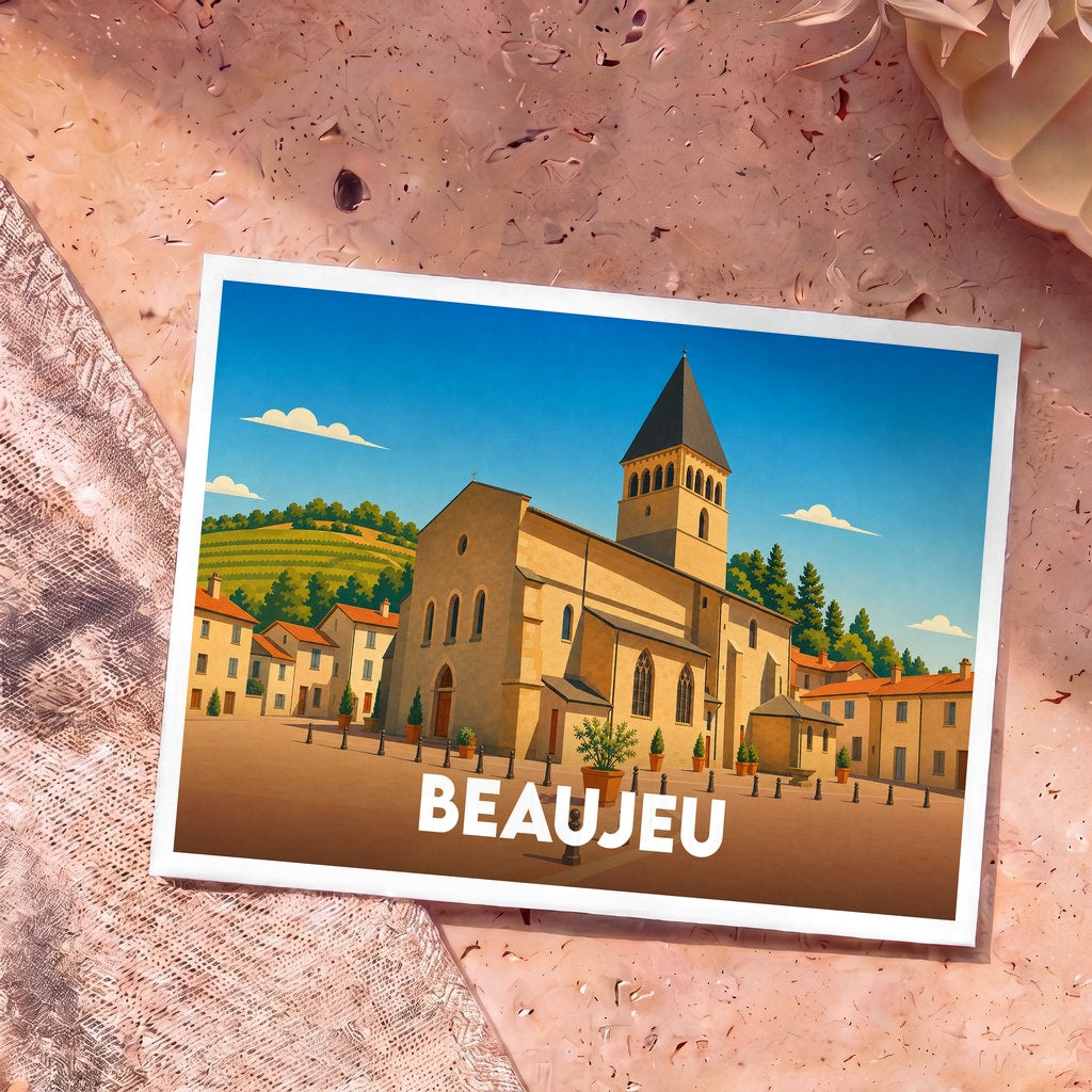 Carte postale souvenir de la ville de Beaujeu avec une illustration stylisée de son église et de ses vignobles.