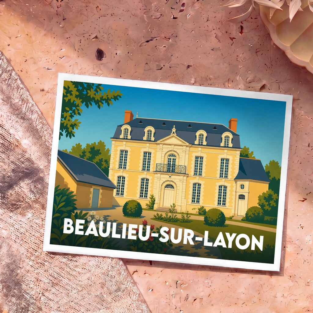 Carte postale souvenir de la ville de Beaulieu-sur-Layon avec une illustration stylisée d'un domaine viticole.