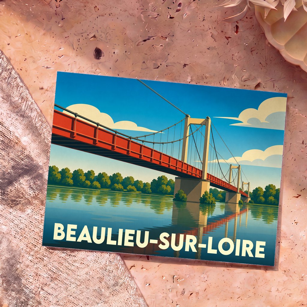 Carte postale souvenir de Beaulieu-sur-Loire avec une illustration stylisée de son pont suspendu.