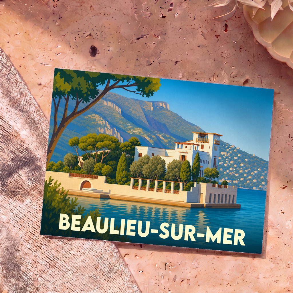 Carte postale souvenir de la ville de Beaulieu-sur-Mer avec une illustration stylisée d'une villa en bord de mer.